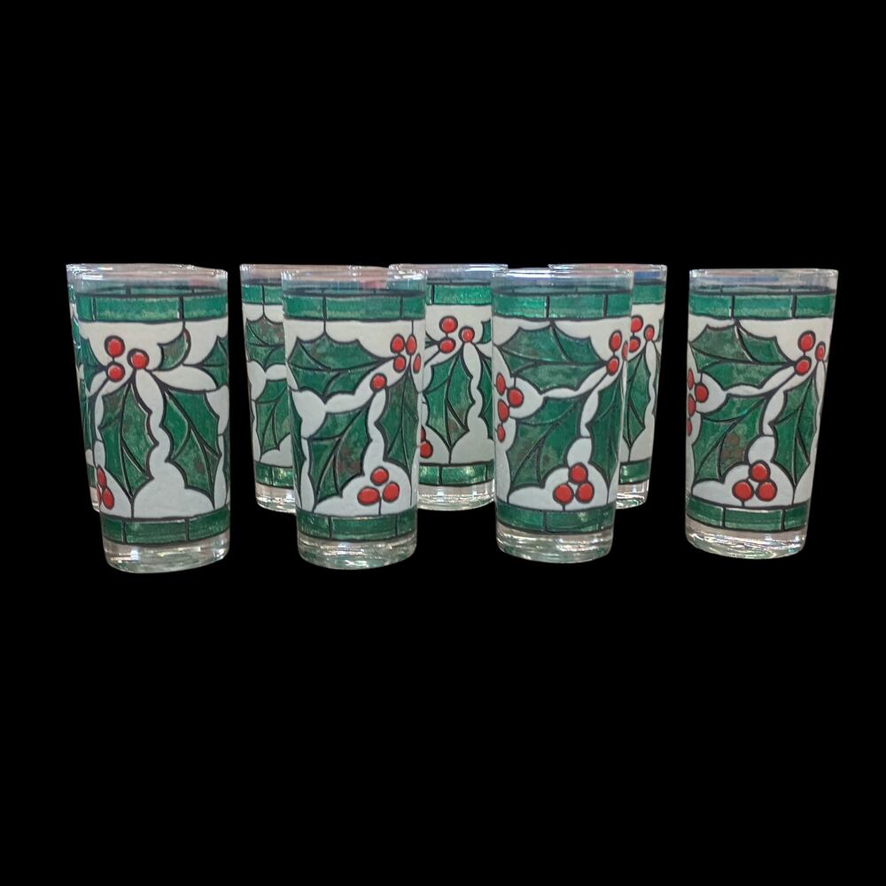West Virginia Snowy Holly Berry Stained Glass Tumblers Set of 8 Holiday 12 oz